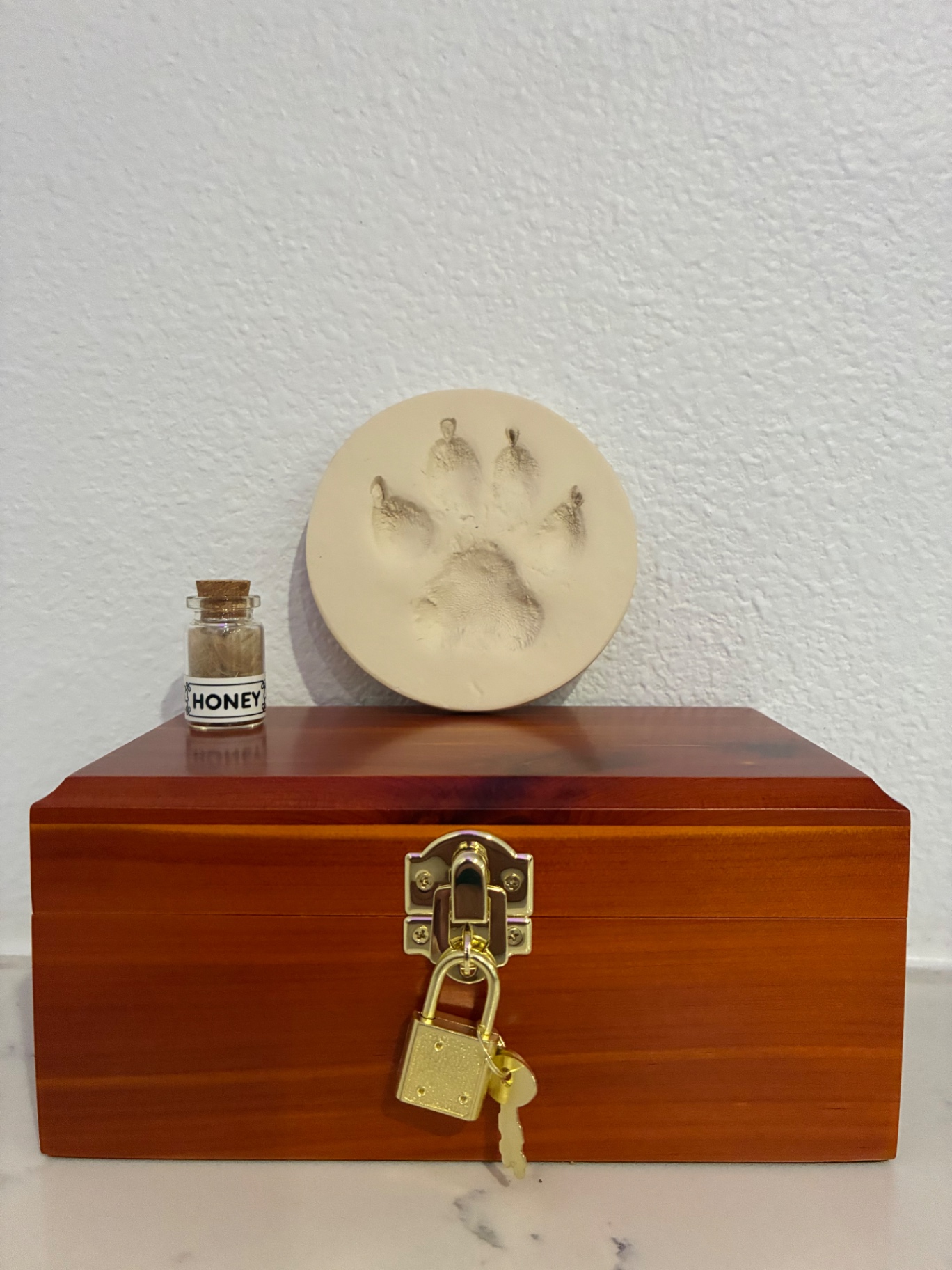 Cedar wood urn with clay paw print and Honey fur keepsake bottle