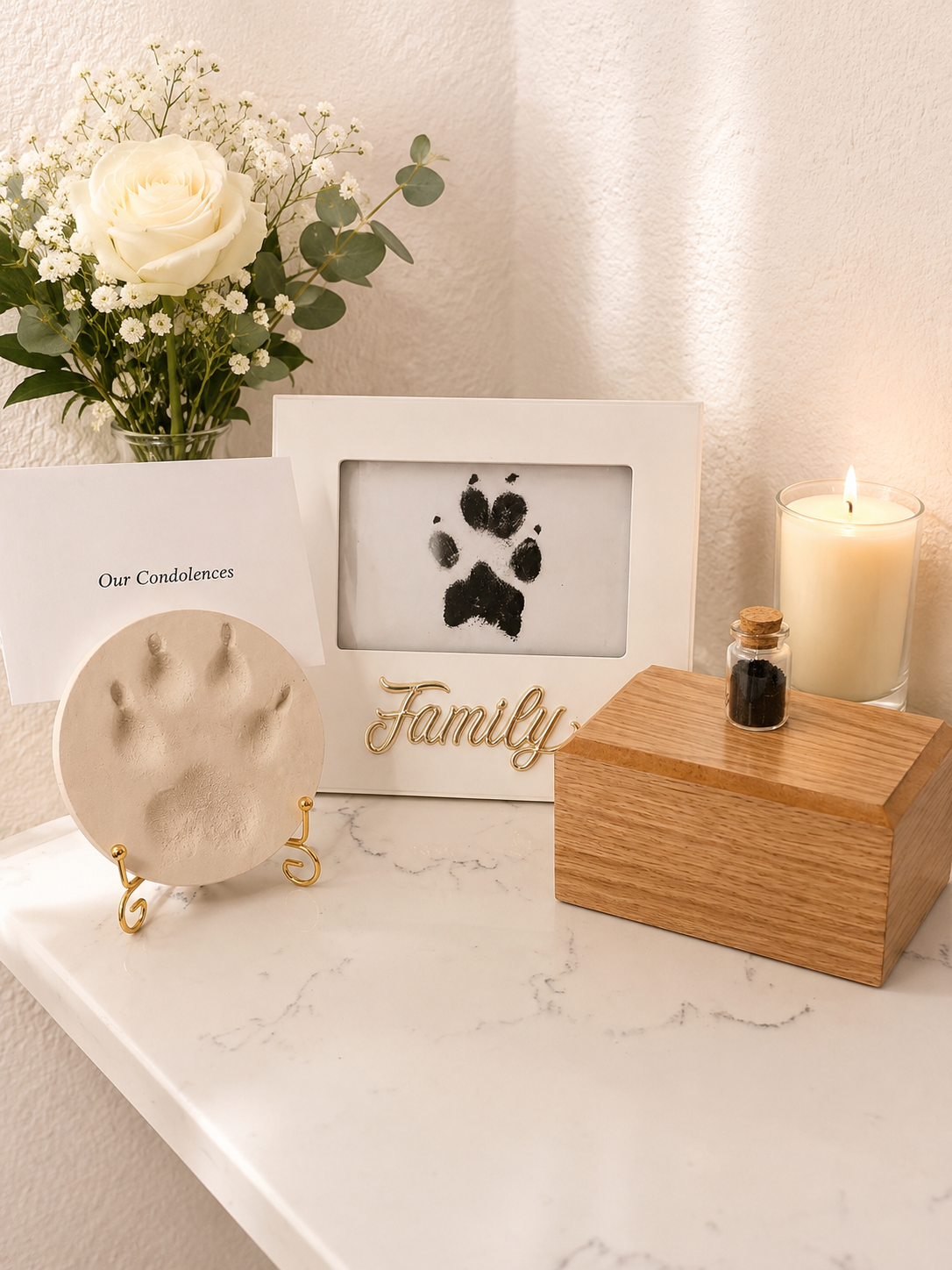 Family paw print frame with oak urn, candle, and fur keepsake bottle