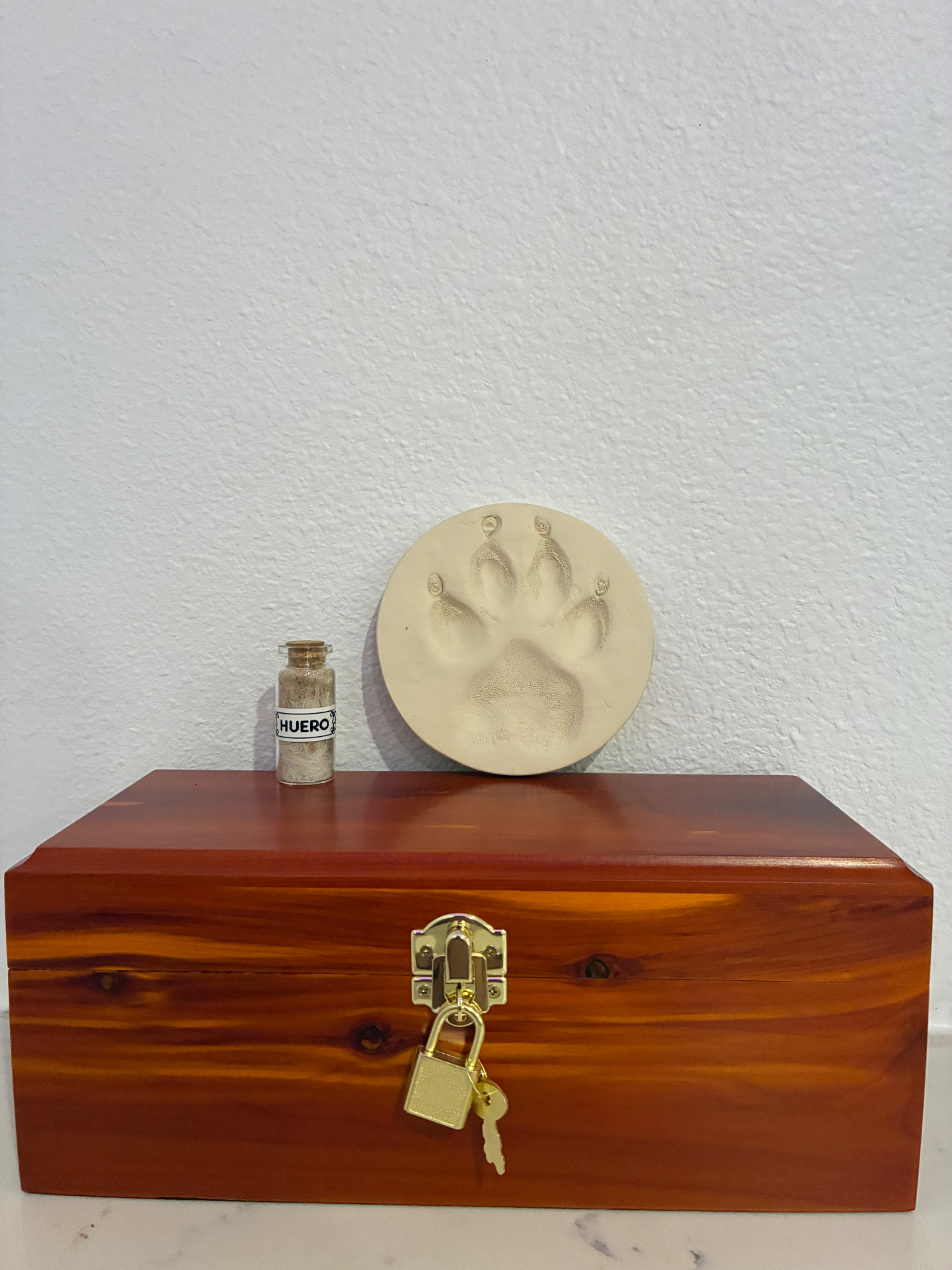 Cedar wood urn with clay paw print and Huero fur keepsake bottle