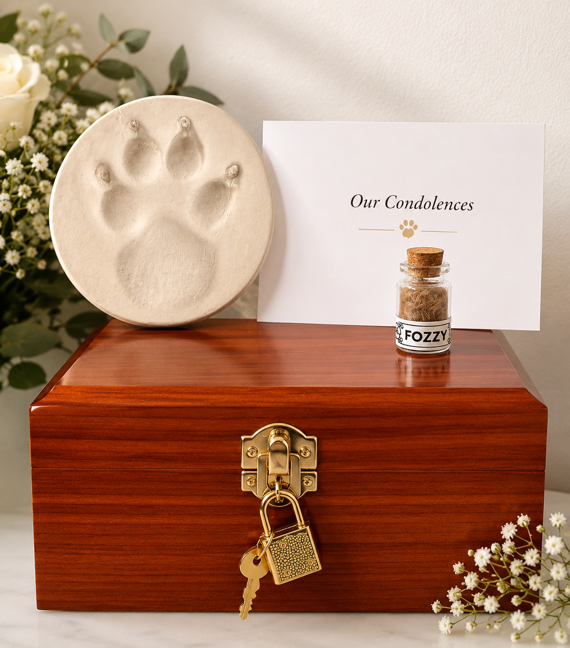 Mahogany memorial chest with clay paw print and Fozzy fur keepsake bottle