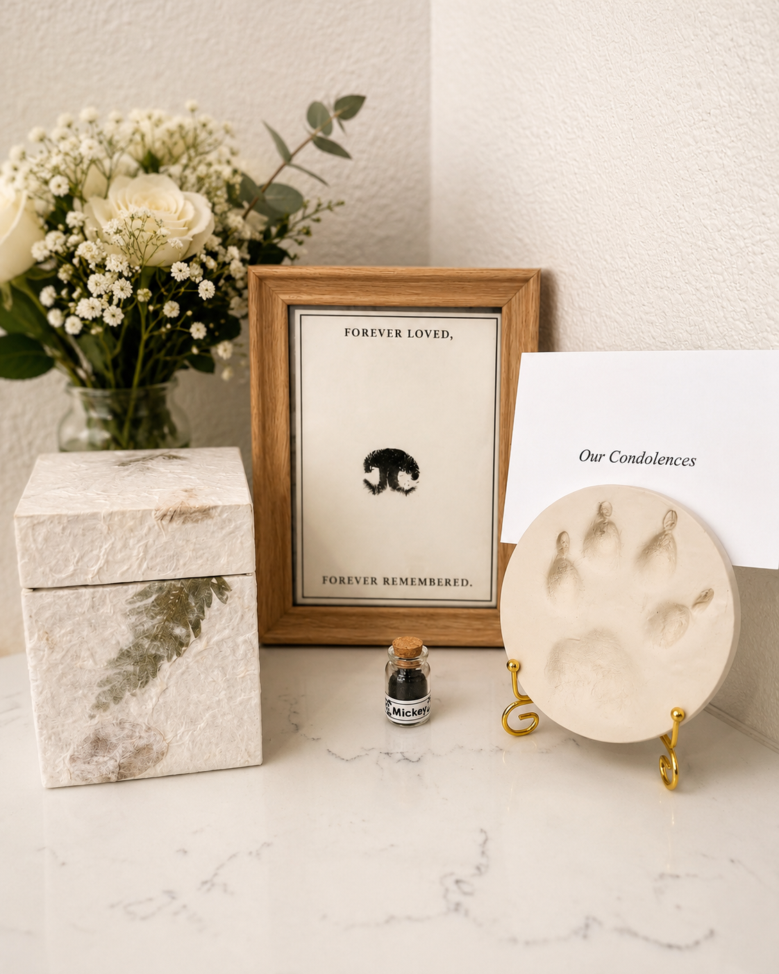 Forever Loved Forever Remembered nose print frame with Mickey fur keepsake and botanical urn
